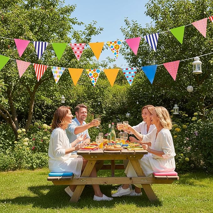 Colorful Paper Flag Banner, 24 Pcs Triangle Banner Birthday Garland with 32.8ft Ribbon, Smiley Face Pennant Flags for Kids Party, Nursery, Preschool Classroom Wall Decorations