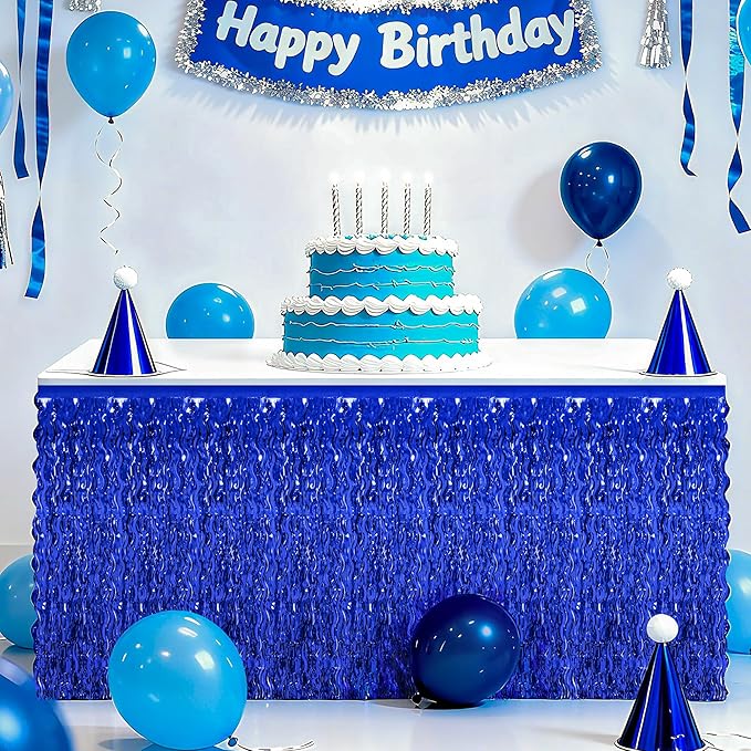 Navy Blue Table Skirt, 2 Pack Blue Foil Grass Table Skirt, Patriotic Metallic Wavy Tinsel Foil Fringe Table Skirts, Table Skirts for Birthday Graduations 4th of July Christmas Parade Party