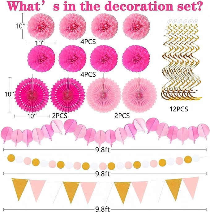 Moon Boat 35PCS Party Decorations Paper Fan Hanging Set - Birthday,Bridal/Baby Shower,Bachelorette,Wedding Decor (Pink)