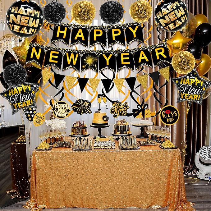 Famoby Happy New Year Paper Banner Triangle Flag Bunting Pom poms Swirls Streamers & Balloons for New year Party Decoration