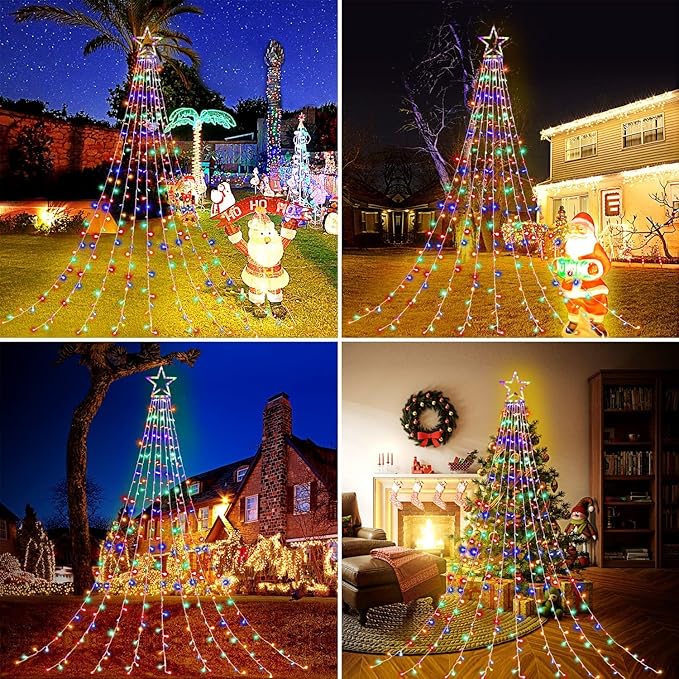 Christmas Decoration Lights, Outdoor Christmas String Lights 320 LED 11.5 Ft Waterfall Tree Light with Big Star Topper 8 Light Modes for Xmas New Year Holiday Garden Yard Indoor Outdoor Decor