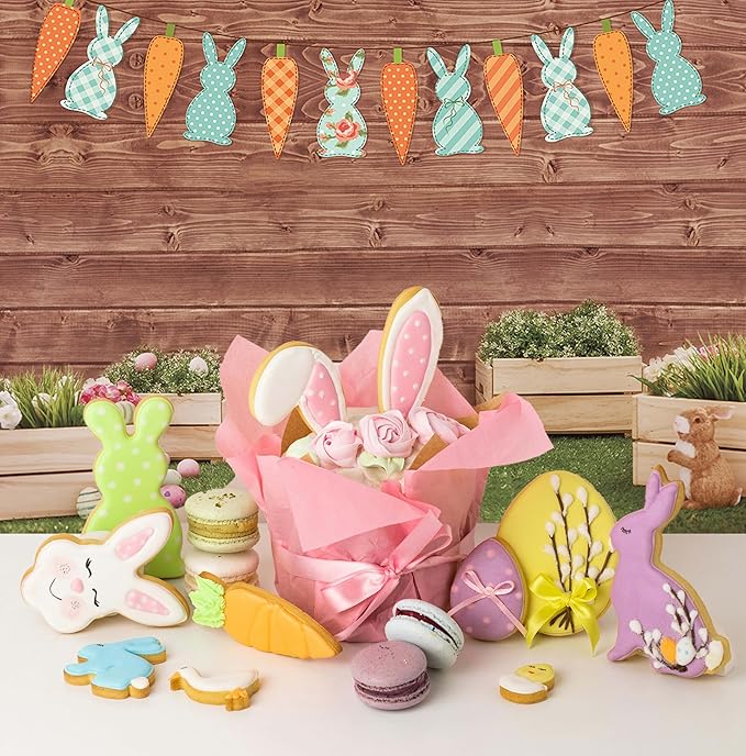 Happy Easter Backdrop Spring Rabbit Carrot Green Grass Eggs Baby Shower Backdrop Brown Wooden Wall Easter Party Decoration (7x5ft)