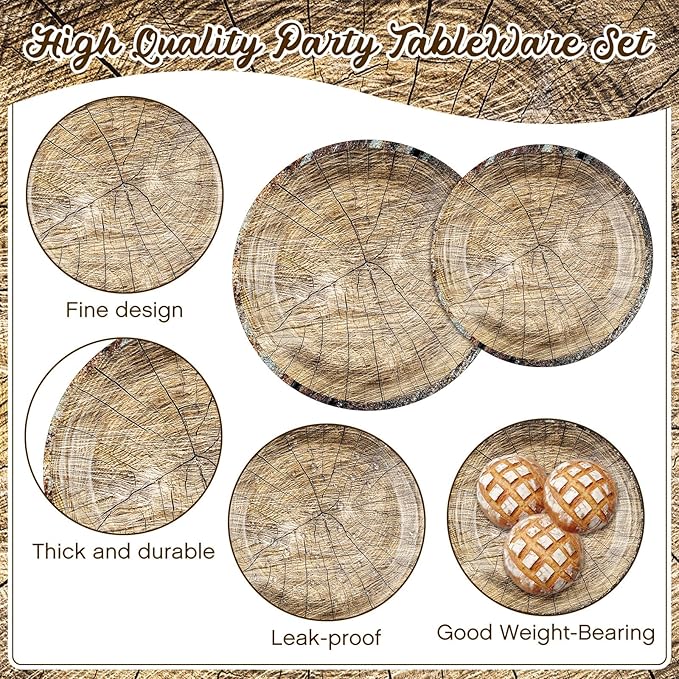 250 Pieces Rustic Wood Grain Party Tableware Set - Disposable Paper Plates, Cups & Napkins for 50 Guests - Lumberjack, Farmhouse, Camping, Forest Theme Birthday Decorations(Grey)