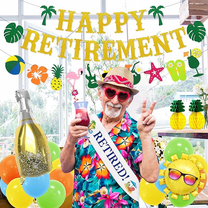 Tropical Hawaiian Luau Retirement Party Decorations, Summer Beach Pool Happy Retirement Party Supplies (Retirement Banner Garland Cake Topper Set Balloon Set Paper Lanterns Retired Sash)
