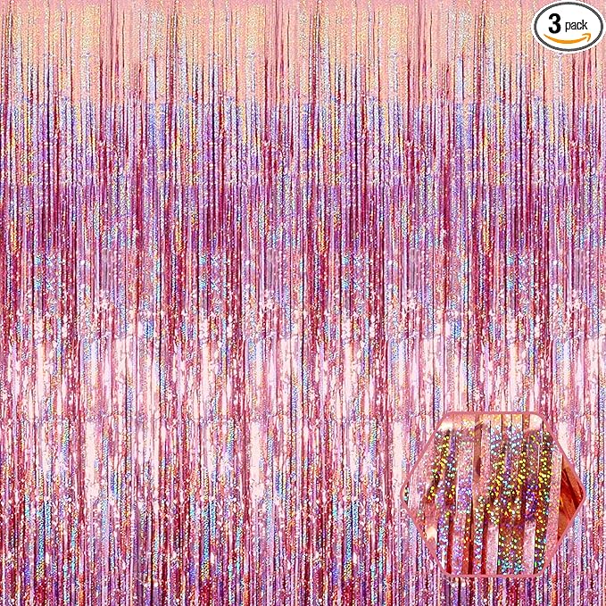 3 Pack Rose Gold Foil Fringe Curtain Backdrop, 3.28Ft x 8.2Ft Metallic Tinsel Foil Fringe Streamer Curtains for Photo Booth, Christmas Day, New Year, Wedding Party Decorations