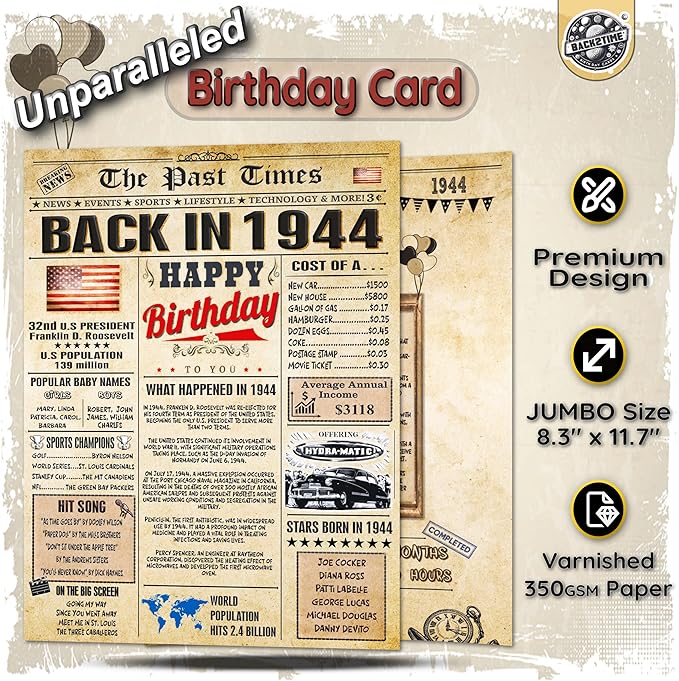 82nd Birthday Cards for Men & Women - Back In 1944 Newspaper (Bday Card + Envelope) Large HAPPY BIRTHDAY Decorations for Her Him Vintage Funny card for Wife Husband & Grandparents 82 years
