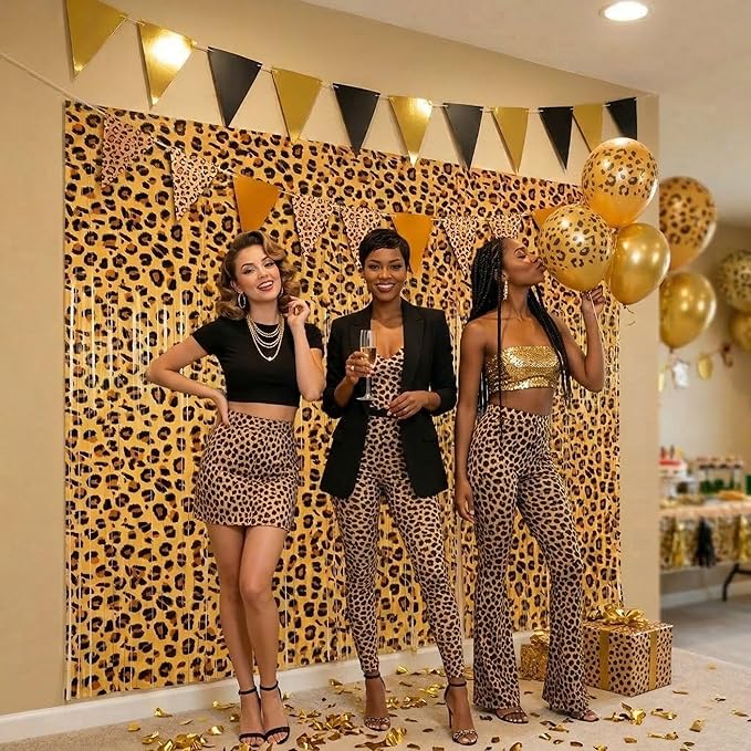 4 Pack Cheetah Print Foil Backdrop, Cheetah Print Birthday Decorations, Leopard Jungle Safari Bachelorette Backdrop 3.3×6.6ft Thickened Fringe Curtains for Photo Booth & Party Entrance
