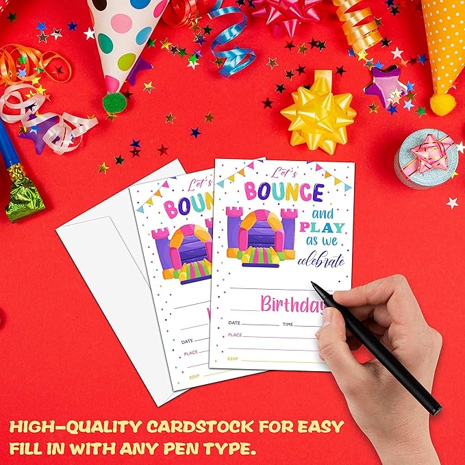 Bounce House Birthday Party Invitation, Bounce Themed Fill-In Invites for Man & Woman, 20 Invitations With Envelopes (4" X 6"), Adults Jumping Party Favors Decorations and Supplies -25