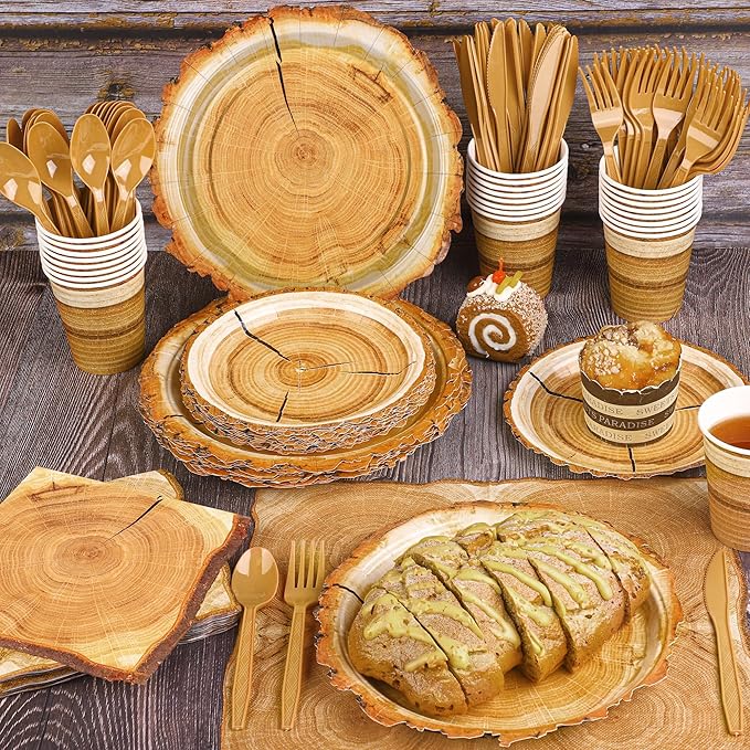 Kochorie 175 Pieces Rustic Wood Slice Party Supplies Camping Wood Grain Slice Tableware Set 7 Inch and 9 Inch Paper Plates Napkins Cups Cutlery for Hunting Birthday Party Decorations, Serve 25 Guests