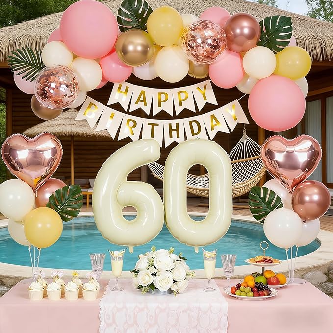 60th Birthday Decorations for Women, Retro Sand White and Cream Balloon Garland Kit, Cream Number 60 Balloon, Pink Happy 60th Banner, Milestone Party Supplies