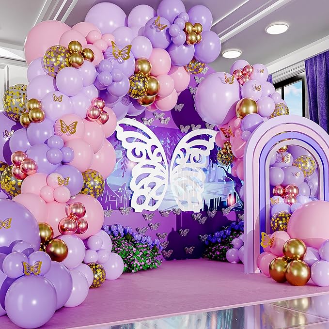 ALL-IN-1 Pink and Purple Balloon Arch Kit & Garland with BONUS Gold Butterfly Balloon Arch Kit – Pastel Pinks and Purples balloons for Girl Pink and Purple Party Decorations or Baby Shower Decorations