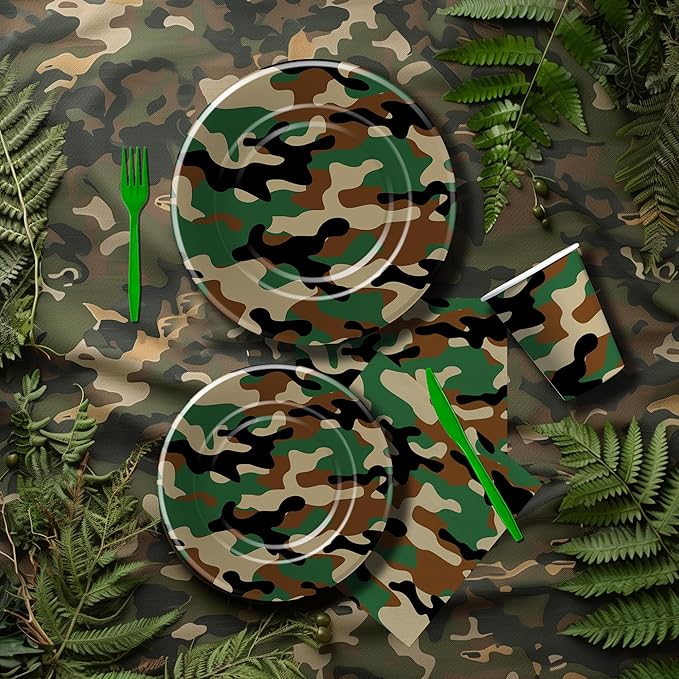 Camouflage Plates And Napkins Party Supplies - Camo Camouflage Themed Party Decorations Tableware, Plate, Cup, Napkin, Fork, Hunting Army Military Theme Birthday Table Decorations | Serve 24