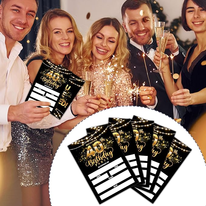 40th Birthday Invitations, Birthday Party Invitations For Women Men, 40 Year Old Birthday Invites, Black Gold Birthday Party Decorations Favors, 20 Invitations with 20 Envelopes - C06