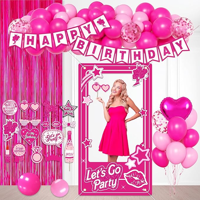 Birthday Decorations for Women,Happy Birthday Banner, 35 Balloons,Photo Booth Props for Girls (Hot Pink)