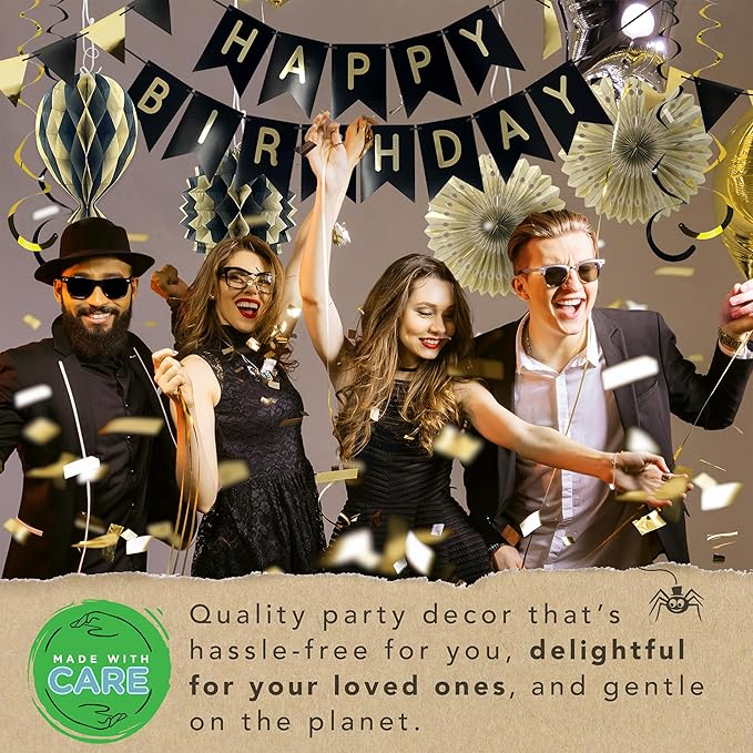 Premium Reusable Birthday Decorations - Multi-occasion Happy Birthday Banner also spells Party Day + more, Fast Assembly with Velcro - Black and Gold Party Decorations for Men and Women