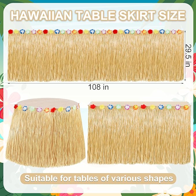 Luau Party Decorations, 2PCS Gold Hawaiian Themed Table Skirt Party Decorations, Flower 108 X 29.5" Grass Skirts Luau Party Favors, Luau Table Skirt for Summer Tropical Hula Parties Decor Accessories
