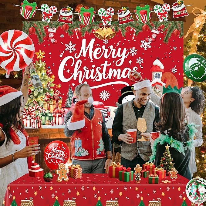 Christmas Party Decorations, Merry Christmas Banner Backdrop, Tablecloth,Candy Cane Foil Balloons,Family Party Decoration Supplies