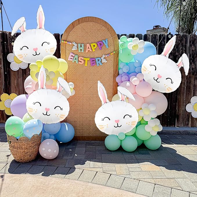 6PCS Large Easter Bunny Head Foil Balloons Cute Rabbit Face Mylar Balloons for Easter Party, Baby Shower, Birthday & Spring Celebration Decorations