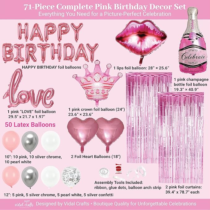 Vidal Crafts Pink Birthday Decorations – 71-Piece Happy Birthday Decorations with Latex, Foil & Confetti Balloons, Happy Birthday Banner & Foil Fringe Curtains for Fun Birthday Parties