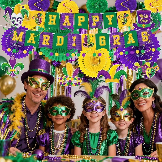 25PCS Mardi Gras Decorations, Mardi Gras Party Favors Decor Kit with Paper POMPOM, Happy Carnival Paper Fans Banner Felt Garland, Crown Hanging Swirls for Carnival Party Parade Accessories