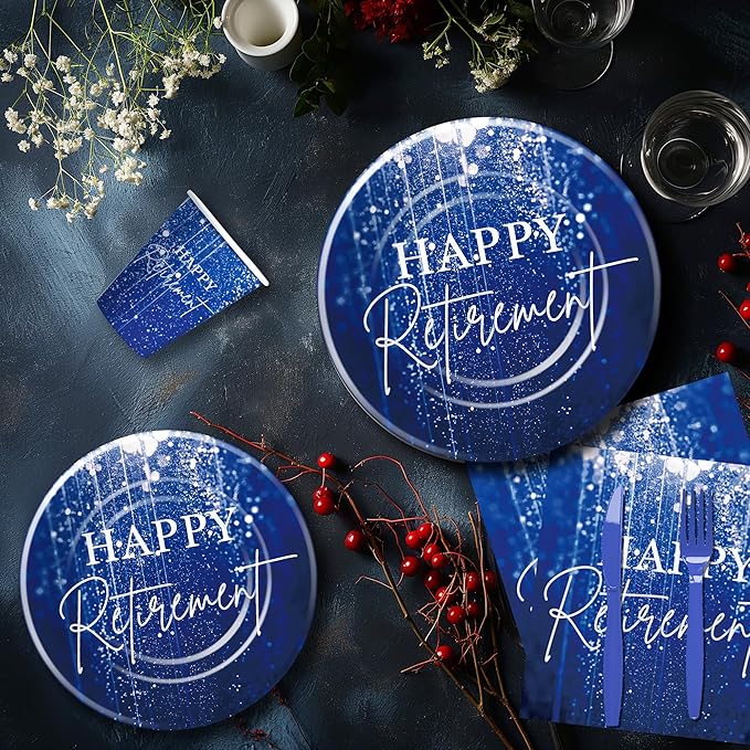 Blue Retirement Party Decorations Tableware For Women Men, Disposable Happy Retirement Party Supplies, Paper Plate, Cup, Napkin, Fork, Serve 24