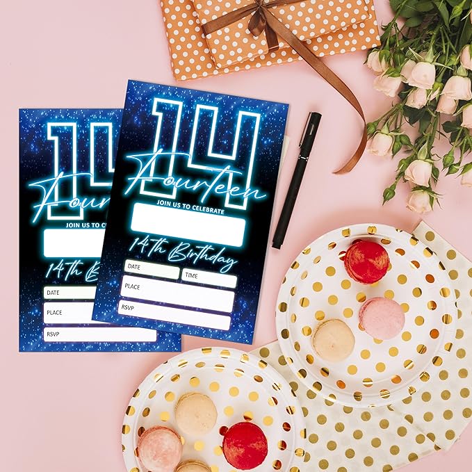 SIXEIGHT Blue 14th Birthday Invitations for Boys, Neon Glow Party Invitations for Girls Kids, 20 Pack Double Sided Invite Cards with Envelopes, 14th Glow Neon Birthday Party Decorations, 4x6 Inch-C47