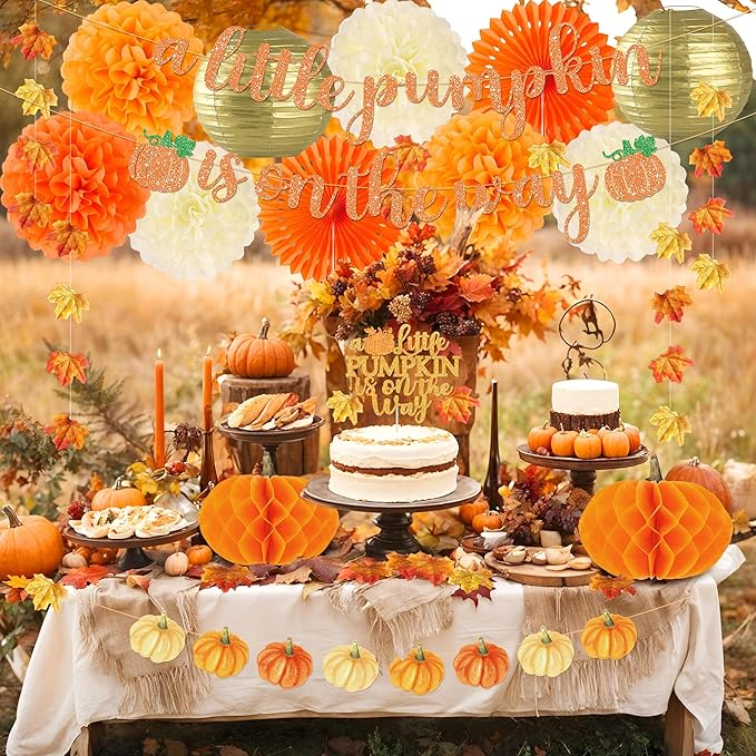 Kriyokiaa Little Pumpkin Baby Shower Decorations 71 Pcs Fall Baby Shower Decor with Tissue Pompom, Paper Fans, Lantern, Banners & Artificial Maples for Rustic Neutral Shower Party Supplies