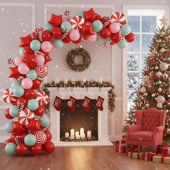 Christmas Balloons Set, 35pcs Xmas Baby Pink Red Light Green and Candy Cane Star Foil Balloons for Merry Christmas Candy Theme Candyland Party Baby Shower Gender Reveal New Year Decorations Supplies