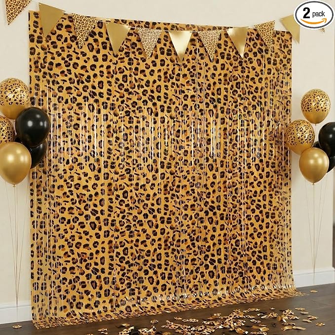 2 Pack Cheetah Print Birthday Decorations, Leopard Party Decorations, Jungle Safari Bachelorette Foil Backdrop 3.3×6.6ft Thickened Fringe Curtains for Photo Booth & Party Entrance