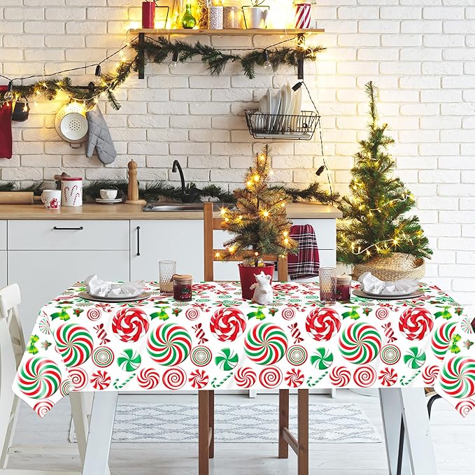 4 Pack Christmas Candy Cane Plastic Tablecloths,54 x 108 Inch Disposable Holiday Table Covers with Lollipops Design for Christmas Party Decorations Winter Dinner and Festive Events