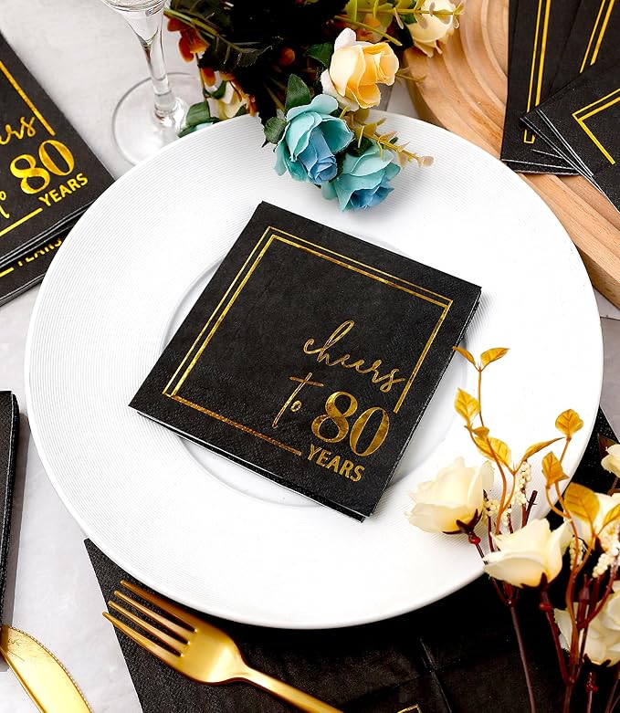 Cheers to Years Cocktail Napkins - 50 PK - 3-Ply Birthday Napkins 5x5 Inches Disposable Party Napkins Beverage Paper Napkins or Birthday Decorations Wedding Anniversary Black and Gold (80 Years)