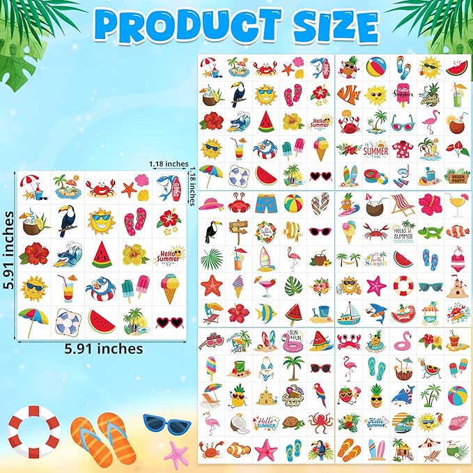 150 PCS Summer Temporary Tattoos, 6 Sheets Waterproof Fake Tattoos with Tropical Fruits Flamingos Hello Summer for Adults Pool Party, Hawaiian Stickers for Hawaiian Luau Party Favors Supplies