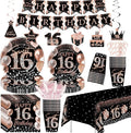 Sweet 16 Birthday Decorations for Girls, Black and Rose Gold Happy 16th Birthday Party Supplies Tableware, Paper Plate, Napkin, Cup, Disposable Cutlery, Tablecloth, Banner, Swirls, Serves 24