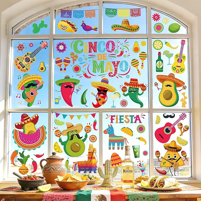 72 PCS Cinco De Mayo Decorations, 9 Sheets Cinco De Mayo Window Clings, Double-Sided Mexican Stickers with Tacos Guitars Cactus Peppers Designs, Fiesta Party Decor for Window Glass Home Store