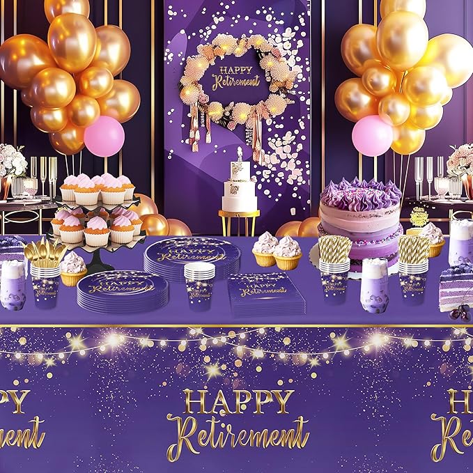 Xigejob Retirement Decorations Paper Plates And Napkins Party Tableware Women - Purple Happy Retirement Party Decorations Supplies, Plate, Cup, Napkin, Fork | Serves 24