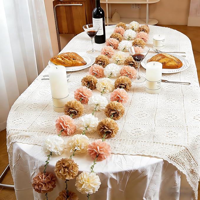 2 Pc Champagne Hanging Paper Flower Garland, 8.2 FT Ombre Tissue Paper Flower Garland, Champagne Gradient Pom Pom Garland for Wedding Backdrop Bridal Shower Engagement Party