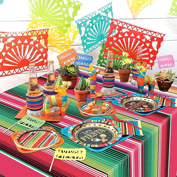 2 Pack Mexican Serape Tablecloth 54 x 108 Inch Disposable Plastic Tablecloth Mexican Striped Party Table Cover for Birthday Party Wedding Decorations Outdoor Picnics Dining