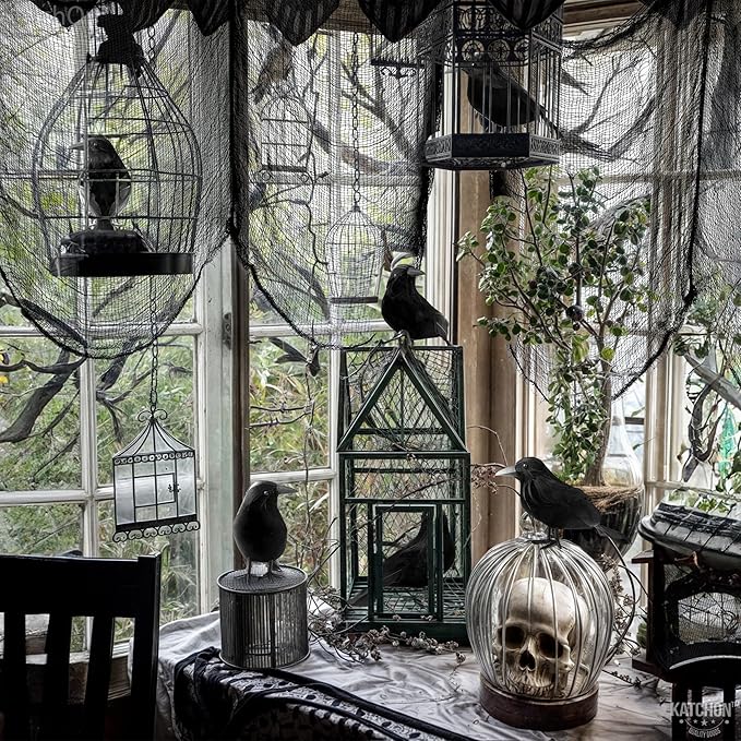 KatchOn, Halloween Creepy Cloth and Crows - Pack of 7 | 72x30 Inch, Black Spooky Cloth Realistic Black Feathered Crows | Scary Decor and Raven Decorations | Halloween Decorations Outdoor Indoor