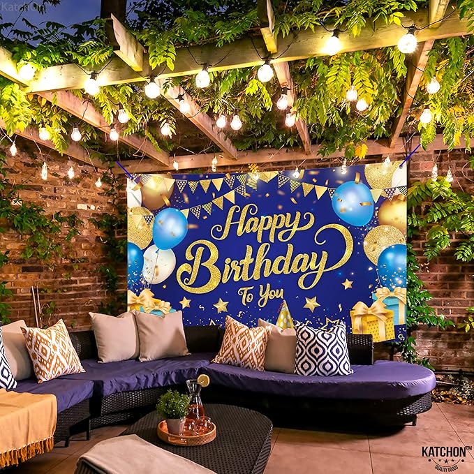 KatchOn, XtraLarge Blue and Gold Happy Birthday Banner - 72x44 Inch | Blue and Gold Bday Backdrop for Happy Birthday Decorations | Party Decorations for Men and Women