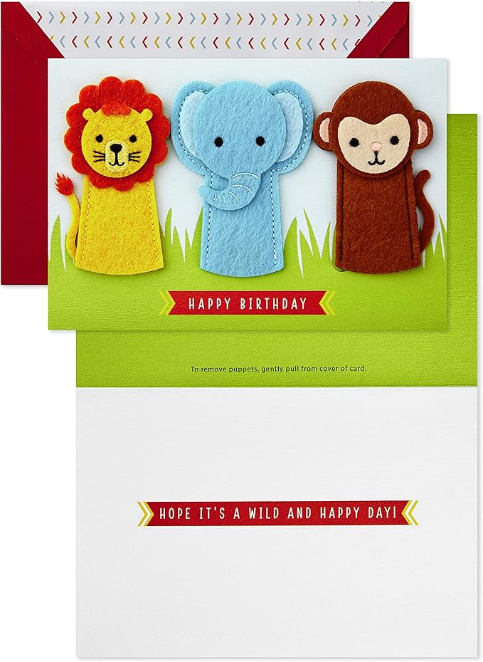 Hallmark Signature Birthday Card with Removable Finger Puppets for Kids (Jungle Animals)