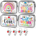Y1tvei Big Makeup Bags Keychains Kit Gift for Teacher Appreciation- Best Teacher Ever 4 Clear Cosmetic Bags with 4 Apple Keychains, Waterproof Travel Toiletry Pouch Graduation Thank You Teacher Gift