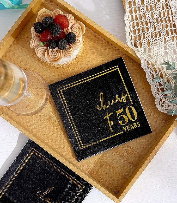 Cheers to Years Cocktail Napkins - 50 PK - 3-Ply Birthday Napkins 5x5 Inches Disposable Party Napkins Beverage Paper Napkins or Birthday Decorations Wedding Anniversary Black and Gold (50 Years)