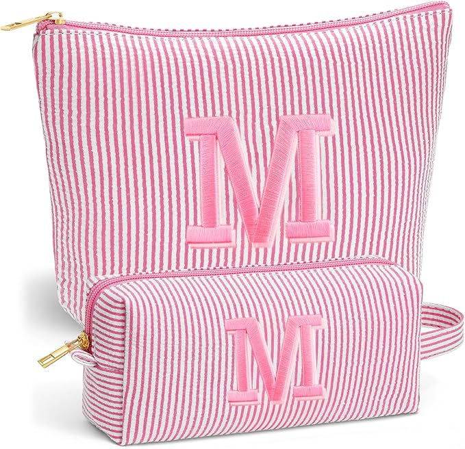 Travel Makeup Bag for Girls - Personalized Initial Pink Makeup Bag, Teen Girl Gifts Trendy Stuff, 6 7 8 9 10 11 12 Year Girl Birthday Gift, Christmas Gift for Girls Travel Essentials, Letter M