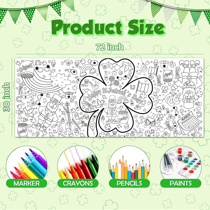 OHOME St Patrick's Day Giant Coloring Poster/Tablecloth - 72×30 Inch St Patricks Day Crafts for Kids,St Patricks Day Gifts Games Activities Toys Decor Party Decorations