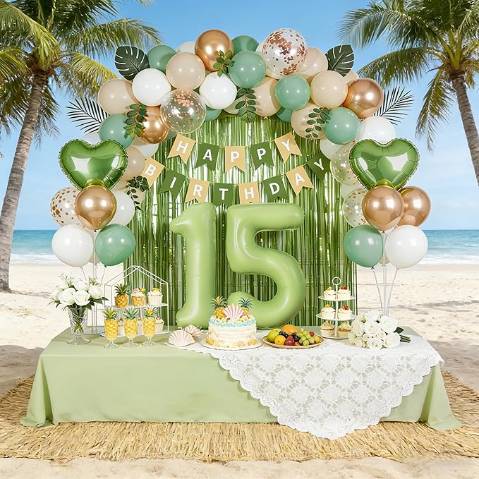 Sage Green 15th Birthday Decorations for Quinceanera, Mis Quince Party Supplies with Green Number 15 Balloon, Sand White & Cream Balloon Kit and Fringe Curtains