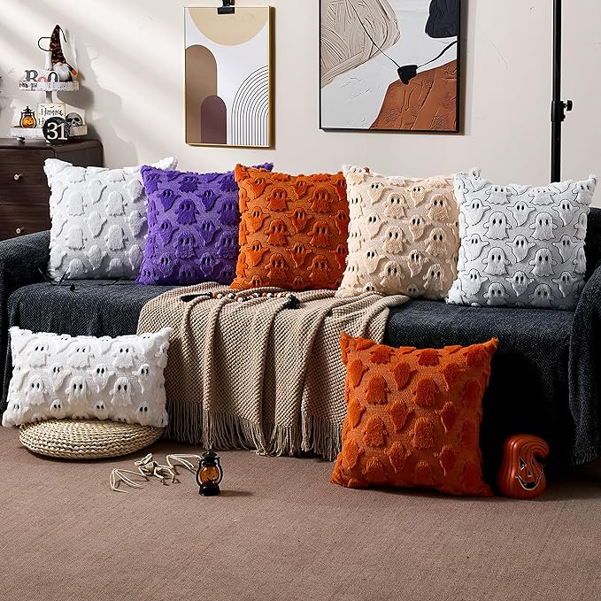 DFXSZ Halloween Pillow Covers 20x20 inch Set of 2 Beige Ghost Throw Pillow Cases Soft Plush Faux Fur Wool Couch Cushion Case for Chair Sofa Bedroom Living Room Home Decor PTK03D20