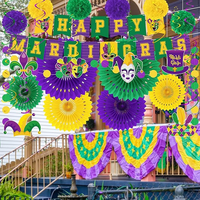 25PCS Mardi Gras Decorations, Mardi Gras Party Favors Decor Kit with Paper POMPOM, Happy Carnival Paper Fans Banner Felt Garland, Crown Hanging Swirls for Carnival Party Parade Accessories