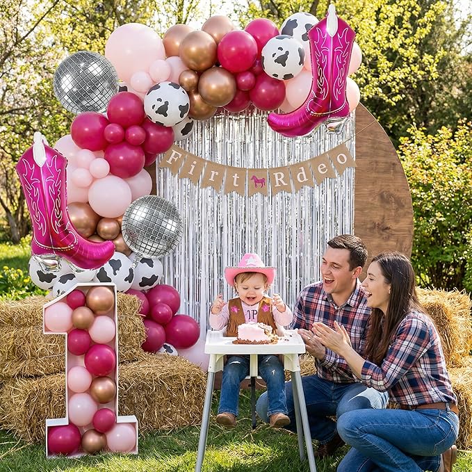 Pink & Rose Gold Cow Print Balloon Arch, Disco Boot Foil Balloons, 111Pcs Cowgirl Bachelorette Party Decorations Kit - 'Lets Go Girls' Banner - Perfect for Last Rodeo, Western, & Bachelorette Parties