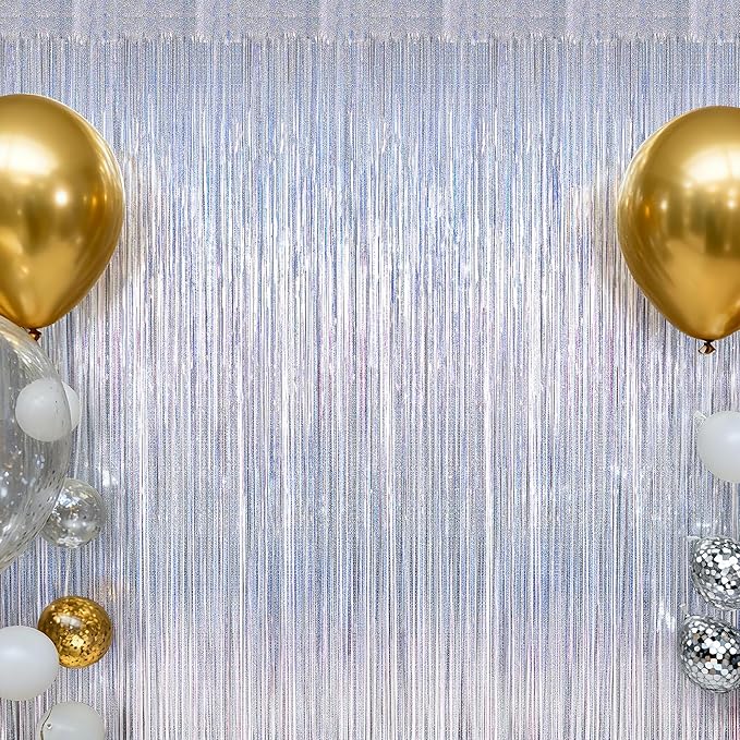 8 Pack 3.28 FT x 7.05 FT Tinsel Foil Fringe Backdrop, Glitter Silver Fringe Tinsel, Metallic Foil Curtains Door Streamer Disco Photo Backdrop Foil Streamer Decor Engagement Party Supplies