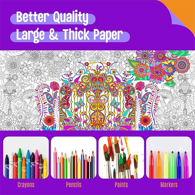 Giant Coloring Poster, Large Plant Coloring Activity Paper 75” x 31” Jumbo Size Versatile Paper DIY Painting Drawing Banner/Tablecloth for School Group Family Art Craft Activities Decoration